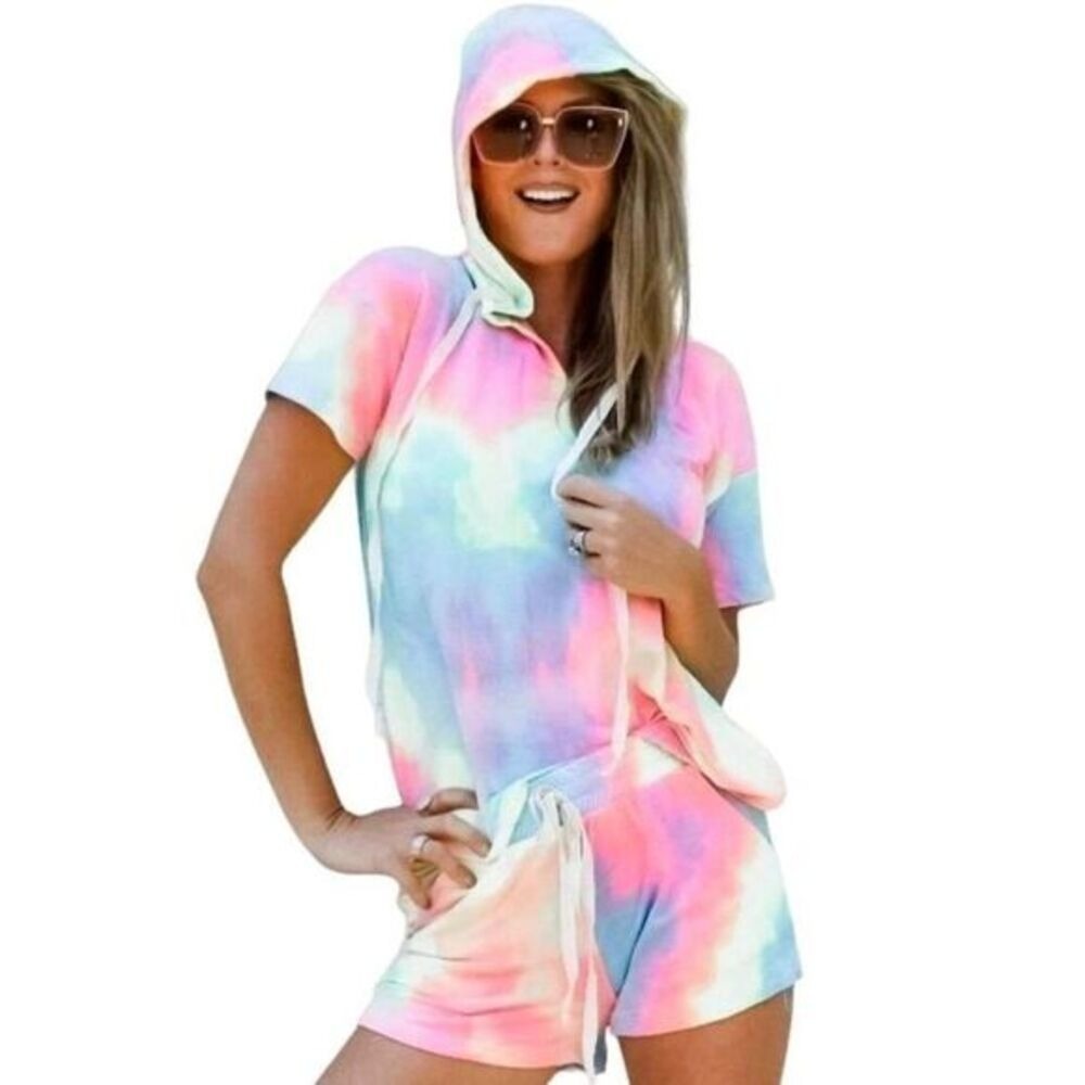 Rainbow Tie Dye Hoodie Short Lounge Set | White‎ Birch | Large | NWOT | SKU142